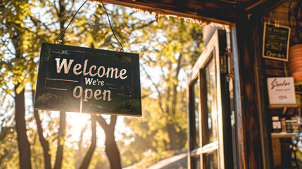 Open sign broad through the glass of door in cafe. Business service and food concept. Vintage tone filter color style.