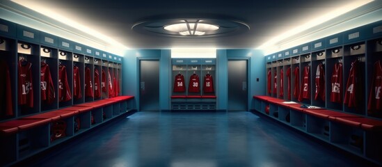 No people football players locker room light, blue, red - obrazy, fototapety, plakaty