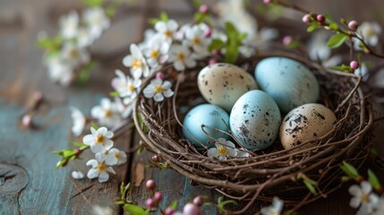 Easter eggs in a nest with spring flowers on a wooden background