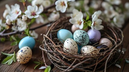 Easter eggs in nest with spring flowers on rustic wooden background