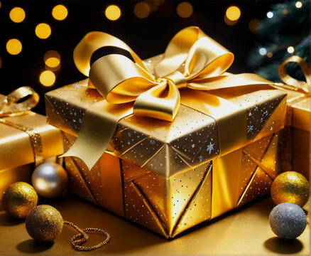 Christmas Luxurious Gift Box Golden Black Christmas Gift Box with Golden Ribbon Christmas Background with Boxes and Balls Christmas Decorations Background Festive Christmas Gift Box Bokeh Background