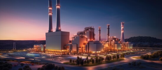 Power plants for industrial areas with dusk background, purple, orange, yellow light - obrazy, fototapety, plakaty