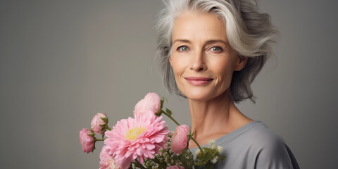 An elderly smiling women with flowers on a gray background.. A banner with a place to copy.