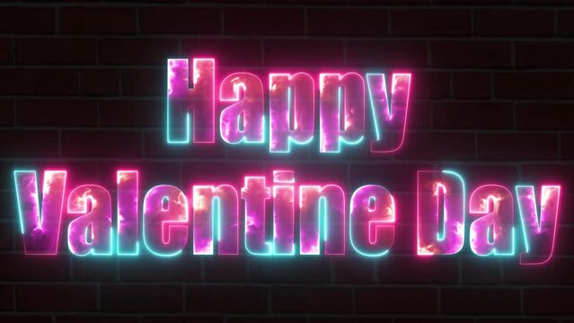 Neon glowing happy valentine 's day colorful symbol on brick wall. Valentine signboard and vector illustration.