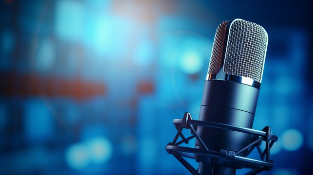 A studio microphone with mesh design, capturing clarity in sound, stands in sharp focus against a backdrop of blue backlighting, offering ample copy space.