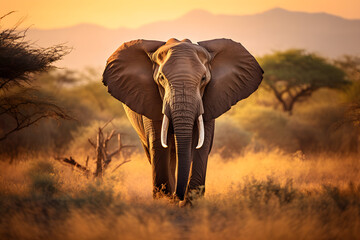 Afrikanischer Elefant in der Savanne, Sonnenaufgang, erste Lichtstrahlen, Tierfotografie, erstellt mit generativer KI