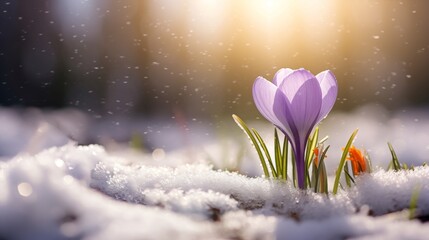 Beautiful crocus flowers in the snow. First spring flowers. Generative AI.