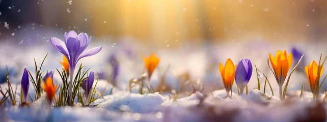 Zelfklevend Fotobehang Beautiful crocus flowers in the snow. First spring flowers. Generative AI. © Aga Bak