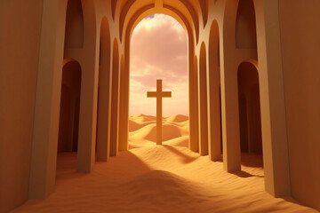 Golden Desert Gateway with Cross
