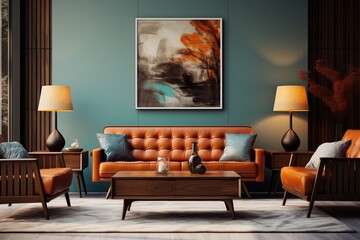 Classic Living Room Interior: 60s Style Furniture and Abstract Art