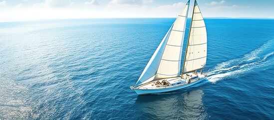 Obraz premium Regatta yacht with white sails sailing on the open blue sea during bright blue sky