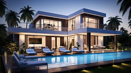 Fototapeta premium Beautiful modern style luxury home at sunset, featuring entrance and elegant design.