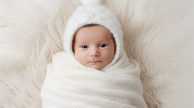 Close-up portrait of Cute newborn baby looking into the camera swaddled in a white knitted blanket on a fur background with a copy space. Studio professional photo shoot. New life, family concepts.