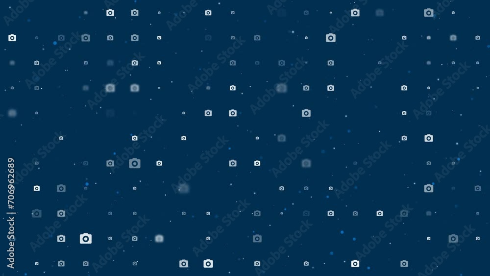 Poster template animation of evenly spaced photo camera symbols of different sizes and opacity. animation o