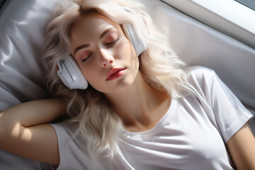 Portrait of a woman with blonde hair lying on the bad, or sleeping, listening to music, audio book or podcast, enjoying meditation for sleep and peaceful mind. Rest And Relax Concept