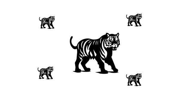 Zoom in and out animation the tiger symbol. Large black symbol in the center and four small symbols around. Seamless looped 4k animation on white background