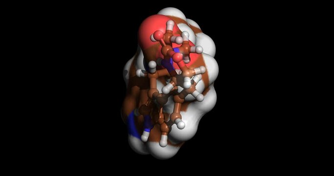 Zolmitriptan, drug for migraine treatment, 3D molecule spinning on Y-axis, 4K