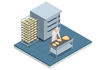Isometric concept of Industrial bread production. Automatic bakery production line. Fresh hot baked bread.
