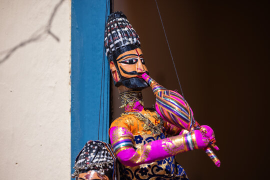 Indian colorful Rajasthani handmade Puppets and Crafts products at jodhpur. Selective focus.