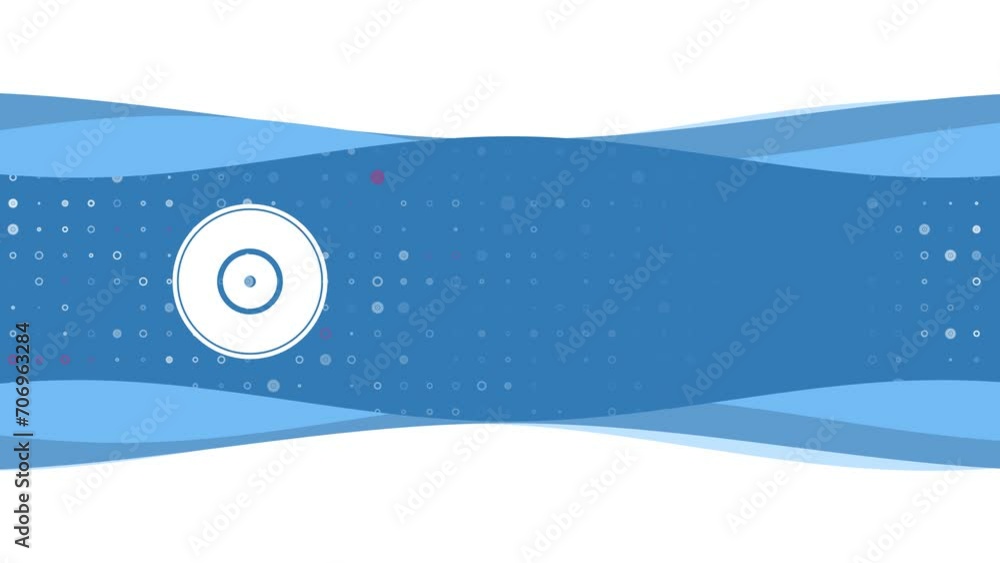 Poster animation of blue banner waves movement with white gramophone record symbol on the left. on the back