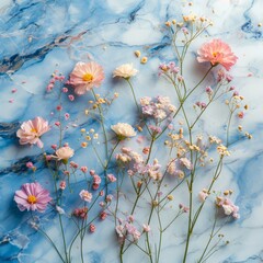 Assorted cosmos flowers and baby's breath spread on a blue marble surface