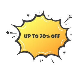 Up to 70% off sign. Flat, yellow, explosion sign, up to 70% off icon. Vector icon
