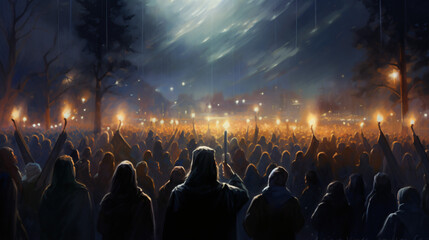 Fototapeta na wymiar Crowd of people praying at holy nigh illustration