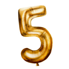 Watercolor golden foil balloon digit 5. Hand drawn birthday party number decoration isolated on white background. Shiny element for designers, prints, baby shower, postcards, wrapping paper, holi