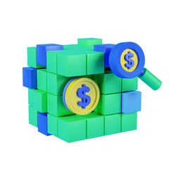 3d render of database analysis and dollar icon