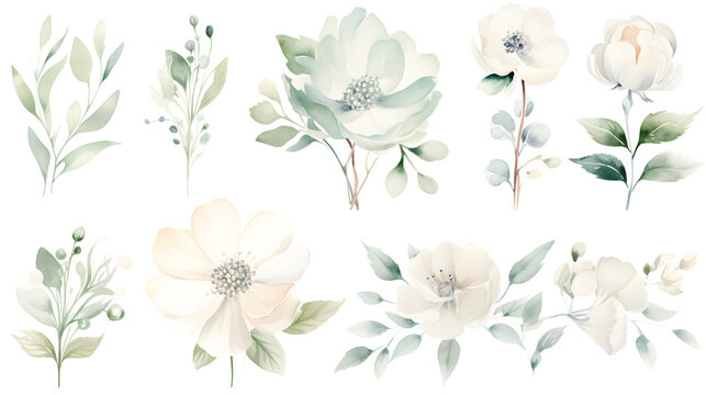 Fototapeta Watercolor drawing, set of white flowers and green eucalyptus leaves
