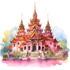Fototapeta premium Watercolor Painting of Abstract Thailand Temple in Asia. Vibrant and Pastel color. Tranquil Serenity, Spiritual Journey, Ancient Thai Temple, Travel Through Asia with a Beautiful picture.