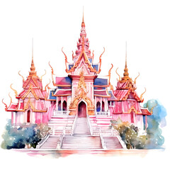 Fototapeta premium Watercolor Painting of Abstract Thailand Temple in Asia. Vibrant and Pastel color. Tranquil Serenity, Spiritual Journey, Ancient Thai Temple, Travel Through Asia with a Beautiful picture.