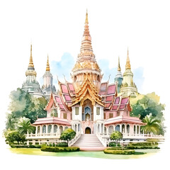 Fototapeta na wymiar Watercolor Painting of Abstract Thailand Temple in Asia. Vibrant and Pastel color. Tranquil Serenity, Spiritual Journey, Ancient Thai Temple, Travel Through Asia with a Beautiful picture.