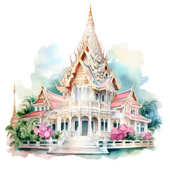 Fototapeta premium Watercolor Painting of Abstract Thailand Temple in Asia. Vibrant and Pastel color. Tranquil Serenity, Spiritual Journey, Ancient Thai Temple, Travel Through Asia with a Beautiful picture.