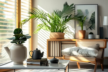 Interior livingroom at contemporary apartment , tropical plants, books, tea pot and elegant accessories. Modern home decor