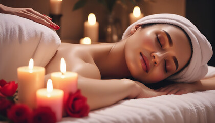 Young, healthy and beautiful woman gets massage therapy in the spa salon. Healthy lifestyle and body care concept. Valentine's day