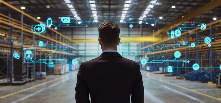 Manager standing in the middle of a Warehouse with Icons