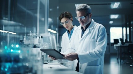 Two microbiologist scientists wearing glasses use a tablet in a modern medical research laboratory. Genetics, medicine, advanced technologies, pharmaceuticals concepts.