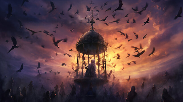 Dark fantasy concept of people ringing bell on tower