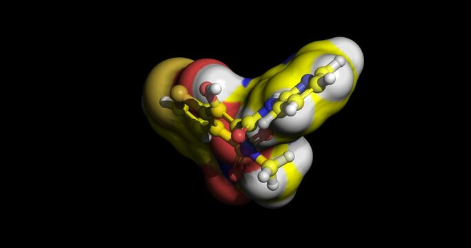 Tenoxicam, drug for treating mild to moderate pain and rheumatoid arthritis and osteoarthritis, 3D molecule spinning on Y-axis, 4K