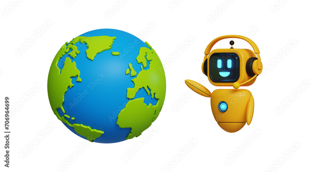 Poster ai robot showing worldwide business opportunities concept. robot automation and innovation support, 