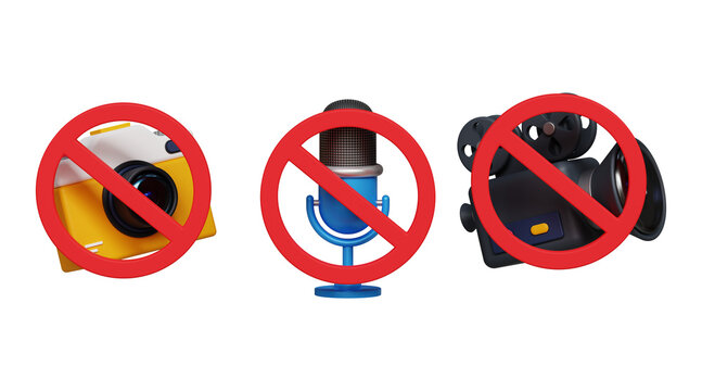 Multimedia not allowed 3D icons set. Stop Photographing, Video and Audio Recording Warning for broadcasting interdiction and restrictions sign. Warning Sign Collection. 3d illustration