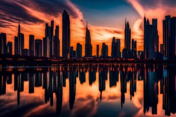 A surreal cityscape emerges as the sun sets behind a futuristic skyline, casting a stunning...