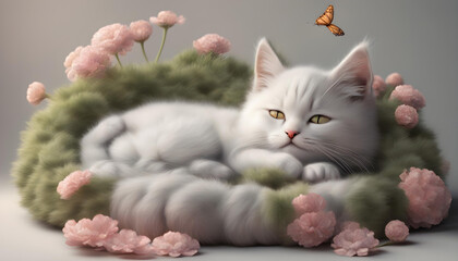 3D rendering of the final image of the kitten, warm and cosy on its pillow, sleeping peacefully through the cold season ahead, filled with dreams of spring's magical garden.
