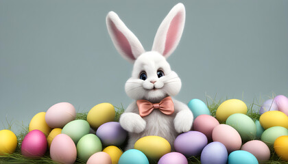 Obraz premium Cute Easter bunny with eggs and copy field