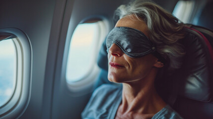 Woman in plane in sleeping mask. 