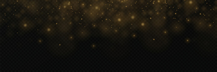 Sparkles of fairy dust and golden stars shine with a special light, a flash of light flares. On a transparent background.