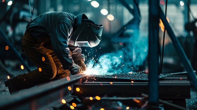 Closeup workers wearing industrial uniforms and using electric arc welding machine to weld steel at factory