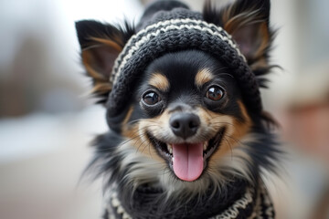 Funny cheerful little pet dog in a knitted cozy hat outdoors