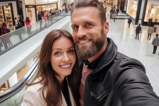 One modern trendy couple taking selfie picture inside luxury mall commercial center with stores and people in background. Adult man and woman in shopping indoor leisure activity take photo with phone